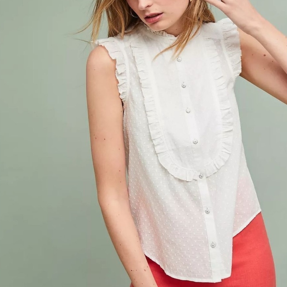ANTHROPOLOGIE/ FEATHER BONE Soneva Ruffled Swiss Dot Top - Ivory - Sz 0